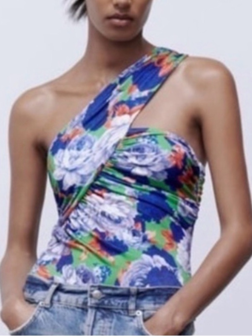 NWOT Zara Asymmetrical One Shoulder Bodysuit S Blue Floral Festival Top Ruched
